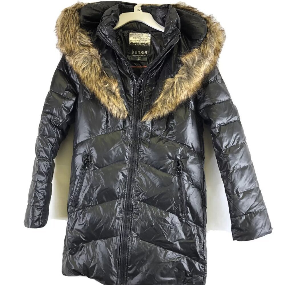 Kensie, Women’s Black Puffer Quilted Coat, Faux Fur Trim Hood XS
